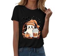 Camisetas de manga corta para mujer, cuello redondo, estampado de fantasmas de Halloween, para vacaciones, casual, a la moda, suaves, ligeras, para exteriores, divertidas camisetas para mujer, Negro
