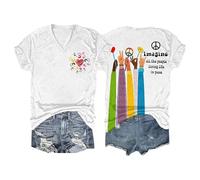 Camisetas de manga corta para mujer, de gran tamaño, retro, hippie, imagina a todas las personas viviendo la vida en paz, camiseta básica, Z02-blanco, XL