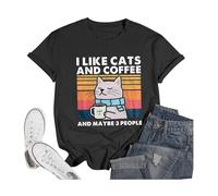 Camisetas de manga corta para mujer, diseño con texto en inglés "I Like Cats and Maybe 3 People", estilo casual, de ajuste holgado, para verano, para salir, cuello redondo, a la moda, 2025, Negro, XXL