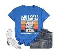 Camisetas de manga corta para mujer, diseño con texto en inglés "I Like Cats and Maybe 3 People", estilo casual, de ajuste holgado, para verano, para salir, cuello redondo, a la moda, 2025, azul, M