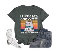 Camisetas de manga corta para mujer, diseño con texto en inglés "I Like Cats and Maybe 3 People", para salir, ajuste holgado, para entrenamiento, verano, a la moda, casual, linda, cuello redondo, a la
