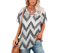 Camisetas de Manga Corta para Mujer Rayas De Espiga Camiseta Básica de Verano Patrón De Onda T Shirt de Cuello en V Top Blusa Elástica y Ligera S-5XL