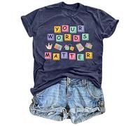 Camisetas de manga corta para mujer y verano, camiseta estampada recta, cuello redondo, texto de tus palabras, cartas en cuadradas, iconos y gesto a mano, estilo positivo, escuela casual, 01-azul