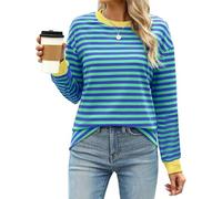 Camisetas de manga larga a rayas para mujer, estilo casual, estilo Y2K, holgadas, cuello redondo, con bloques de color, camisetas básicas, con hombros caídos, vintage, de gran tamaño, verde, M