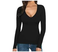 Camisetas de manga larga con cuello en V para mujer, de corte estrecho, básicas, Negro , L