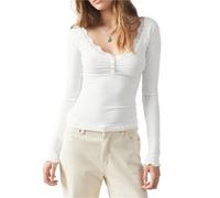 Camisetas de Manga Larga con Encaje y Cuello Redondo for Mujer Camisetas básicas Ajustadas Informales acanaladas Camisetas Casuales holgadas(White,L)