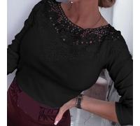 Camisetas de manga larga para mujer, 95% poliéster, 5% elastano, retazos de encaje, transpirable, cuello redondo, parte superior ajustada para mujer, ropa casual (S negro)