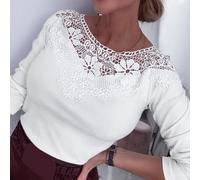 Camisetas de manga larga para mujer, 95% poliéster, 5% elastano, retazos de encaje, transpirable, cuello redondo, parte superior ajustada para mujer, ropa casual (XL blanco)