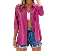 Camisetas de manga larga para mujer, estilo casual, botones, algodón y lino, color liso, camisetas de verano, cuello en V, con mangas enrolladas, blusas sueltas y de gran tamaño, ligeras, elegantes