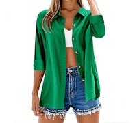 Camisetas de manga larga para mujer, estilo casual, botones, algodón y lino, color liso, camisetas de verano, cuello en V, con mangas enrolladas, blusas sueltas y de gran tamaño, ligeras, elegantes