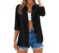 Camisetas de manga larga para mujer, estilo casual, con botones, de lino y algodón, manga enrollable, color liso, talla grande, holgada, a la moda, cuello en V, camisetas de gran tamaño, ligero