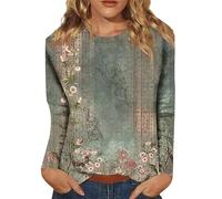 Camisetas de manga larga para mujer, estilo túnica, étnico, floral, para otoño, con cuello redondo, verde (1D-Green), M