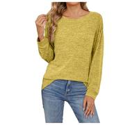 Camisetas de manga larga para mujer, plisadas, cuello redondo, informal, para otoño, corte holgado, ropa ligera para niña, camiseta de satén para mujer, amarillo, S