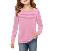 Camisetas de manga larga para niñas, camisetas tipo túnica, cuello redondo, fruncido, a la moda, sin botones, a la moda, rosa, 9-10 años