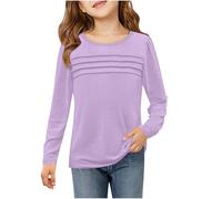 Camisetas de manga larga para niñas, camisetas tipo túnica, cuello redondo, fruncido, a la moda, sin botones, a la moda, Morado (, 9-10 años
