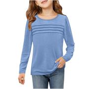 Camisetas de manga larga para niñas, camisetas tipo túnica, cuello redondo, fruncido, a la moda, sin botones, a la moda, azul, 11-12 años