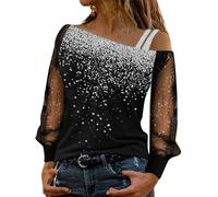 Camisetas de manga para hombre de malla en frío, hombros sueltos con lentejuelas, camiseta casual de impresión larga con empalme para mujer, blusa para mujer, peluca de gimnasta, Gris claro., XXL