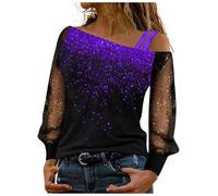 Camisetas de manga para hombre de malla en frío, hombros sueltos con lentejuelas, camiseta casual de impresión larga con empalme para mujer, blusa para mujer, peluca de gimnasta, morado, XXL
