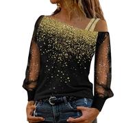 Camisetas de manga para hombre de malla en frío, hombros sueltos con lentejuelas, camiseta casual de impresión larga con empalme para mujer, blusa para mujer, peluca de gimnasta, dorado, S