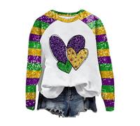 Camisetas de Mardi Gras para mujer con lentejuelas y letras impresas, sudadera de New Orleans, carnaval, fiesta, día, retazos, cuello redondo, manga larga, casual, hombros caídos, rosa, M