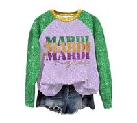 Camisetas de Mardi Gras para mujer con lentejuelas y letras impresas, sudadera de New Orleans, carnaval, fiesta, día, retazos, cuello redondo, manga larga, informal, sin botones, Morado (, L