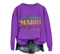 Camisetas de Mardi Gras para mujer con lentejuelas y letras impresas, sudadera de New Orleans, carnaval, fiesta, día, retazos, cuello redondo, manga larga, casual, sin botones, Morado (, L