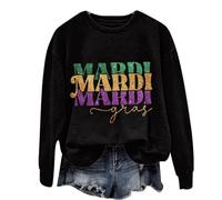Camisetas de Mardi Gras para mujer con lentejuelas y letras impresas, sudadera de New Orleans, carnaval, fiesta, día, retazos, cuello redondo, manga larga, casual, sin botones, Negro, S