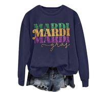 Camisetas de Mardi Gras para mujer, de manga larga, con estampado de letras de Carnaval con purpurina, cuello redondo, holgada, para mujer, New Orleans, carnaval, desfile, fiesta, día de fiesta, azul