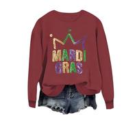 Camisetas de Mardi Gras para mujer, de manga larga, con estampado de letras de Carnaval con purpurina, para mujer, New Orleans, carnaval, desfile, fiesta, día, martes gordo, Vino, M