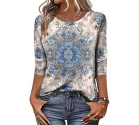 Camisetas de Mujer, Basica Fashion Cómoda Manga 3/4 Lisas Verano Cuello En V Estampado Bonita Cuello Redondo Transpirable Floral Casual Personalizadas Ropa Mujer,L