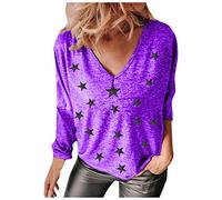 Camisetas de mujer con cuello en V manga larga ultrasuave estampado cómodo ocio Tource Blusa para adultos Camisa de franela para mujer a cuadros, morado, 3XL