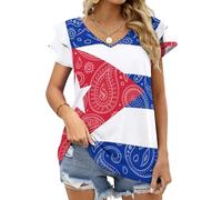 Camisetas de Mujer con Estampado de Cachemira y Bandera Cubana, Manga Corta, Cuello en V, Volantes