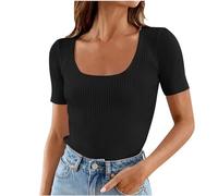 Camisetas de mujer de manga corta con cuello cuadrado, 2024, verano, corte estrecho, punto acanalado, camisetas básicas casuales de malla, Negro , L