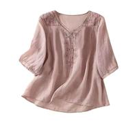 Camisetas De Mujer Manga Corta Camisa Lino para Cuello En V Bordada Estilo Literario Holgada Verano Deporte (Purple, XXXL)