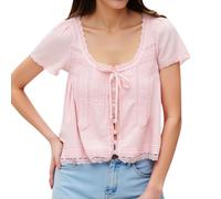 Camisetas de mujer para tiempo libre, vacaciones, con cuello redondo, mangas cortas, cuello de encaje, detalle de pajarita, elegante, para el día a día de primavera a, Rosa., S