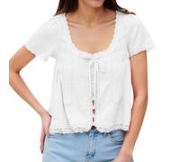 Camisetas de mujer para tiempo libre, vacaciones, manga corta, cuello redondo con detalle de encaje, diseño de pajarita, elegante, versátil, combinable para primavera, Blanco, S
