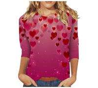 Camisetas de San Valentín para niñas Escote y estampado casual de amor de San Valentín con tres mangas cuartos Tops de moda para mujer 2024, Vino, 3XL