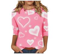 Camisetas de San Valentín para niñas Escote y estampado casual de amor de San Valentín con tres mangas cuartos Trajes de moda para mujer 2024, Rosa., XXL