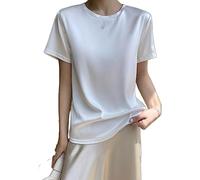 Camisetas De Seda Para Mujer - Camiseta De Manga Corta De Verano Para Mujer Moda Satén Blanco Sección Delgada Cuello Redondo Básico Simple Cintura Restringida Tops Suelto Casual Camisetas Inferi