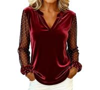 Camisetas de terciopelo para mujer, de manga larga, de terciopelo, con retazos, de malla transparente, a lunares, estilo casual, elegante, con cuello en V, Camisas de terciopelo rojo para mujer, S