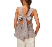 Camisetas de tirantes con volantes en el dobladillo y peplum para mujer, camisetas de verano a cuadros, sin mangas, con lazo atado en la espalda, camiseta corta a cuadros, camisola, cuello cuadrado