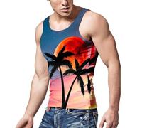 Camisetas De Tirantes Hombre Gym,Chaleco De Vacaciones para Hombre Chaleco Informal con Estampado 3D Junto Al Mar Y Cocotero con Estampado De Atardecer