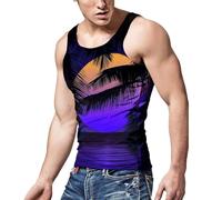 Camisetas De Tirantes Hombre Gym,Chaleco De Vacaciones para Hombre Chaleco Informal con Estampado 3D Junto Al Mar Y Cocotero con Estampado De Atardecer