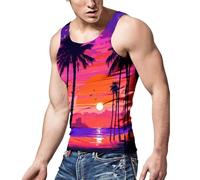 Camisetas De Tirantes Hombre Gym,Chaleco De Vacaciones para Hombre Chaleco Informal con Estampado 3D Junto Al Mar Y Cocotero con Estampado De Atardecer
