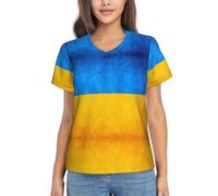 Camisetas de verano con cuello en V para mujer, con estampado de bandera de Ucrania, camisetas casuales de manga corta, básicas, holgadas, elegantes, Negro, 3XL
