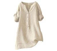 Camisetas de verano de lino para mujer, cuello alto, asimétrico, camisas de algodón para llevar con leggings, túnica fluida de gran tamaño, manga 3/4, color sólido, blusas transparentes de moda con