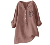 Camisetas de verano de lino para mujer, manga larga, con botones, camisas de algodón para llevar con leggings, túnica casual de gran tamaño, manga 3/4, cómoda, fluida, transparente, cuello en V, club