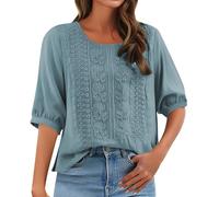 Camisetas de verano elegantes de lino de algodón y lino, camiseta vintage bordada de cuello redondo, camiseta elegante, camisa de lino de gran tamaño, ligera y aireada, blusa informal de lino