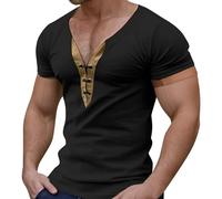 Camisetas de verano para hombre, diseño de contraste, con botones de solapa, manga corta, para el tiempo libre, para el ocio y el verano, Negro, M