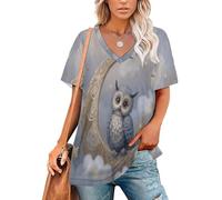 Camisetas de Verano para Mujer Búho De Dibujos Animados T-Shirt Camisa Manga Corta Cuello en V Nubes De Ensueño Top Basica de Transpirable y Relajada para Diario S-5XL